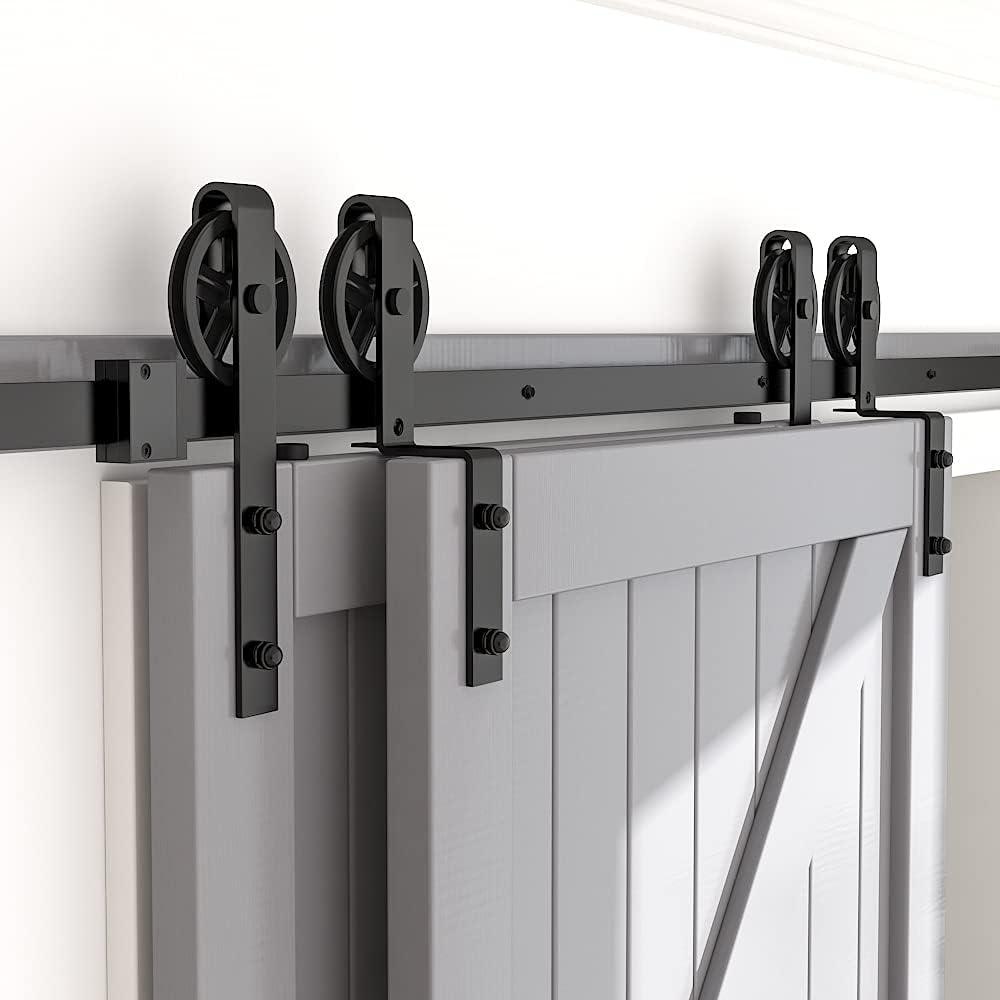 SKYSEN 6FT Heavy Duty Sliding Barn Door Hardware Single Track Bypass Double Door Kit Black(Bypass Spoke Wheel-1) (6 Feet)