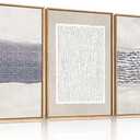 HOURIA Blue White Abstract Neutral Framed Canvas Wall Art Set,Minimalist Boho Waves Lines Wall Decor,Modern Geometric Shapes Print,Mid Century Grunge Artwork for Living Room,Bedroom,Office- 24"x36"x3