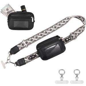 Clip and Go strap for phone with Leather Wallet crossbody phone lanyard Detachable wrist wallet with RFID ID window (Black Pattern)