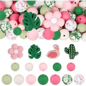 120pcs Silicone Beads for Keychain Making,Focal Beads and 15mm 12mm Silicone Beads for Pens Bracelet Making DIY kit (Flamingo)