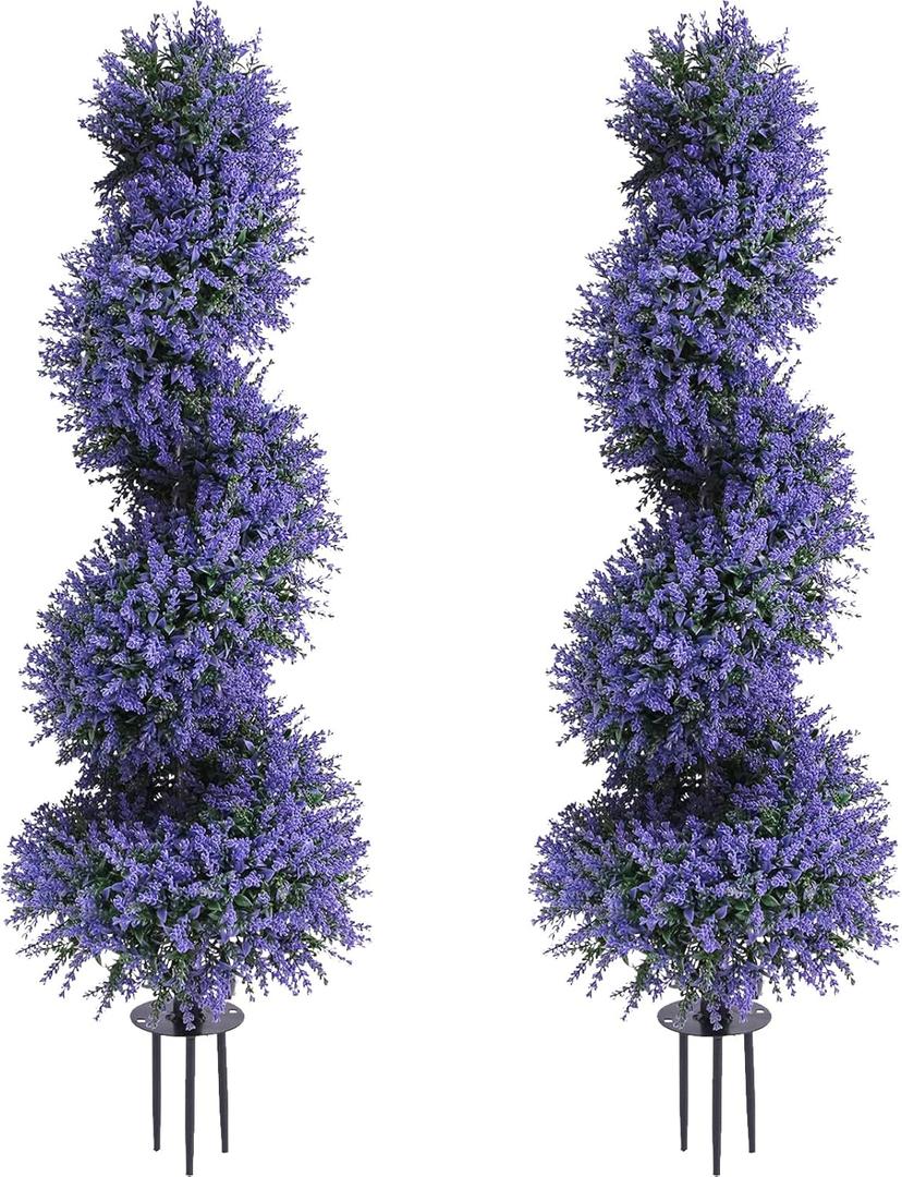 PATIO CHOICE 3ft Artificial Topiary Spiral Trees with Lavender Set of 2 High End Outdoor Faux Plants Realistic Fake Bushes Lilac Shrubs Decorations for Outdoor Front Porch Garden