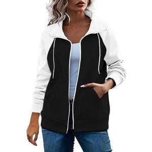 Women's Color Block Full-Zip Hooded Sweatshirt Plus Size Drawstring Pockets Sweatshirt Casual Cotton Loose Outwear LARGE