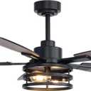 52 Inch Ceiling Fans with Lights and Remote Control, Farmhouse Ceiling Fan for Bedroom Living Room and Patio, Black Caged Ceiling Fan for Indoor and Outdoor