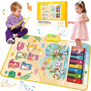 3-in-1 Musical Mat Toys for Toddlers, Led Light Up Mole Bashing & Piano Keyboard & Animal Sounds with 2 Drum Sticks,Early Educational Musical Learning Toys, Birthday Gifts for 3+ Boys & Girls
