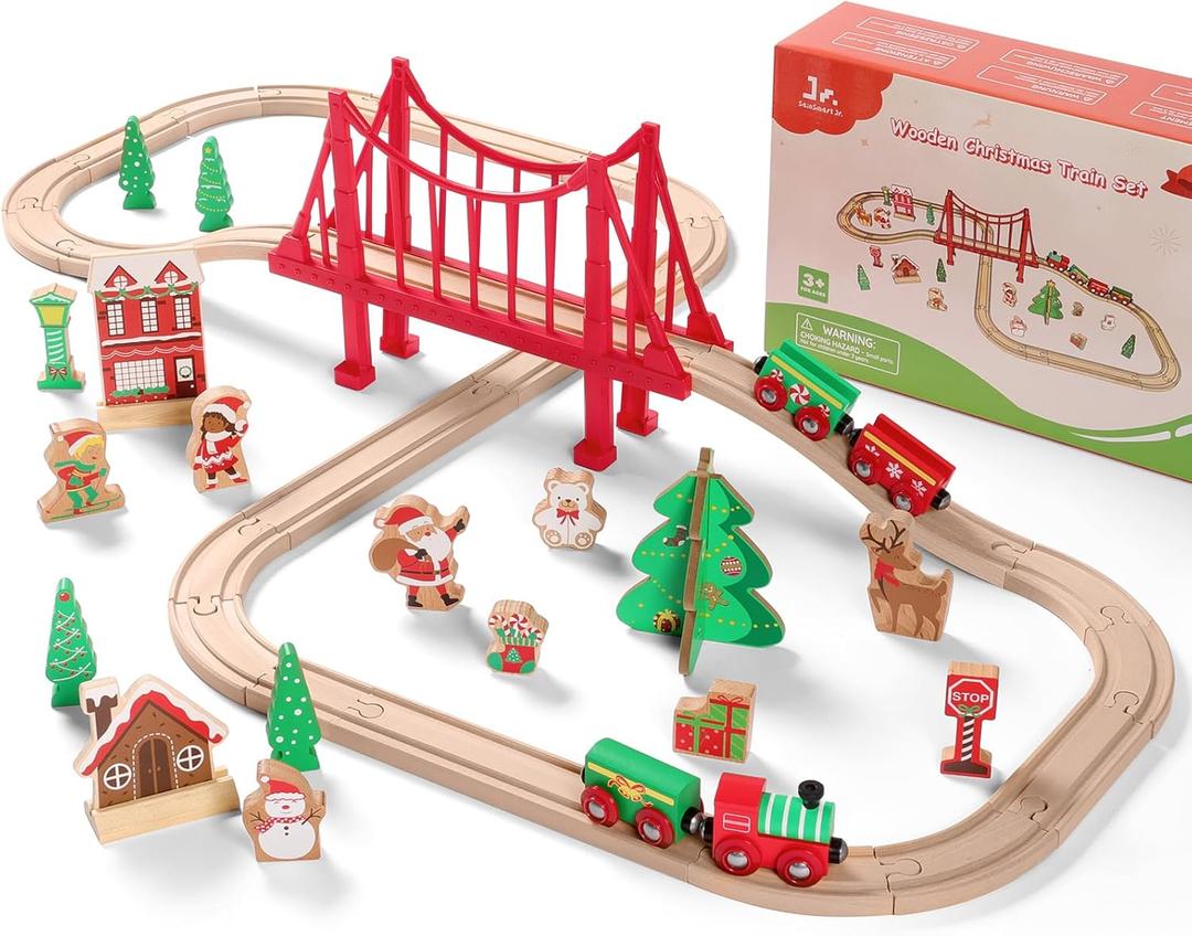 SainSmart Jr. Wooden Train Set 50 Pcs Train Set - Toy Train with Exquisite Box, Wood Train Track Set Fit for Major Brands, Ideal Railway Playset for Boys and Girls