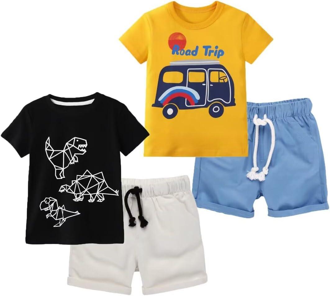BIBNice Boy Outfits Summer Clothes Kids Cotton Short Sleeve Shirt & Shorts Set, Road Trip & Dinosaur, Size 5T