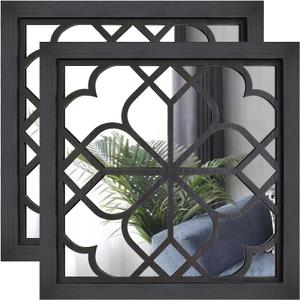 Wall Mirror Square Wooden Decorative Mirrors for Wall Farmhouse Living Room Hallway Entryway, 2 Pcs, 12inch x 12inch (Small, Black)