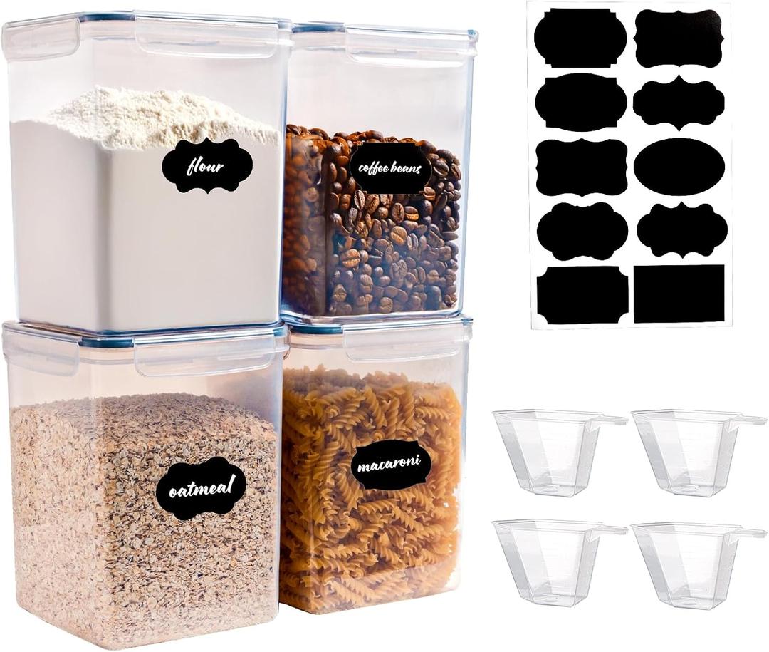 4-Pack 5.2L Airtight Food Storage Containers, BPA-Free Plastic Canisters for Flour, Rice, Pasta & Cereal, Kitchen Pantry Organization with Lids, Labels & Measuring Cups
