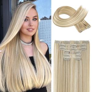 FLUFYMOOZ 6PC Clip in Hair Extensions 24" Straight Long Extensions for Women Synthetic Hairpiece (Blonde with Blonde Highlights)