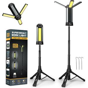 Rechargeable Work Light with Stand, Outdoor LED Cordless Camping Light with Portable Telescopic Bracket, 3.7 Ft Tall 6AH Battery, 2000 Lumen Construction Lights with Carrying Bag Grey Medium