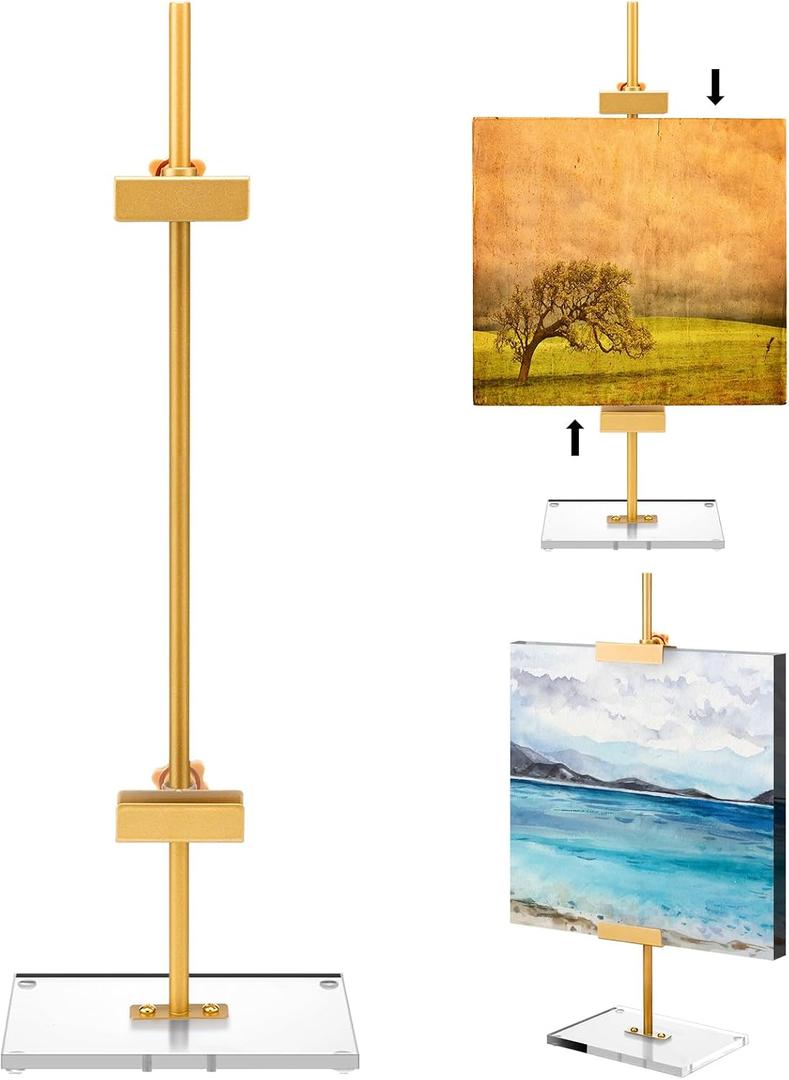 RattanView Adjustable Tabletop Easel Stand for Picture Frame up to 16.5" H Metal Gold Floating Picture Frame Stand Table Easels for Display for Signs Photos Art