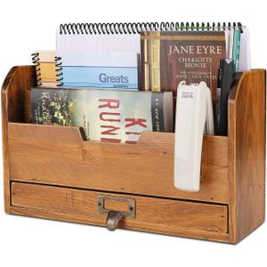 Flexzion 3 Tier Wooden Desk Organizer - Country Rustic Compartments Slot File Tray Pencil Sorter Shelf Holder Supplies Rack Accessories Set with Storage Drawer for Desktop Tabletop Office Home Brown
