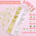 BELICEY 2 Boxes 3D Nail Charms Mix Gold Silver Star Bow Flower Heart Charms for Nails Beige White Flatback Nail Pearls Metal Nail Studs Charms and Gems for DIY Nail Art Supplies Accessories Crafts