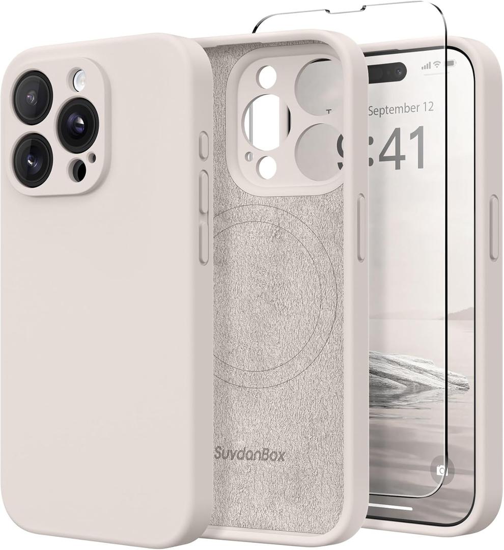 Magnetic for iPhone 15 Pro Case, Compatible with MagSafe, [Full Camera Protection][Screen Protector] Silicone Shockproof Protective Phone Case for iPhone 15 Pro 6.1", Stone