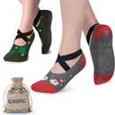 Ozaiic Pilates Socks for Women Non Slip Grip, Yoga Socks with Grippers for Barre, Hospital, Ballet, Dance, Barefoot Workout (One Size, Green/Red-2 Pairs)