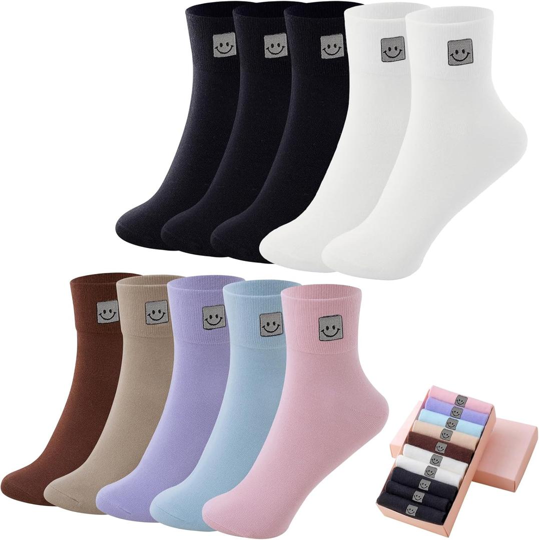 HUGSWEET Soft Comfy Cotton Breathable Socks for Women above Ankle Mini Crew Bootie Socks Gifts for Women 5-10 Pairs (9-12, 3 Black,2 White,coffee,khak,light Blue,light Purple,light Pink)