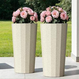 23.6" Tall Outdoor Planters Set of 2, Large Planters for Outdoor Plants for Porch Decor with Drainage Hole, Wide Stripe Design Porch Flower Pots for Indoor Pot Patio/Garden, Off White