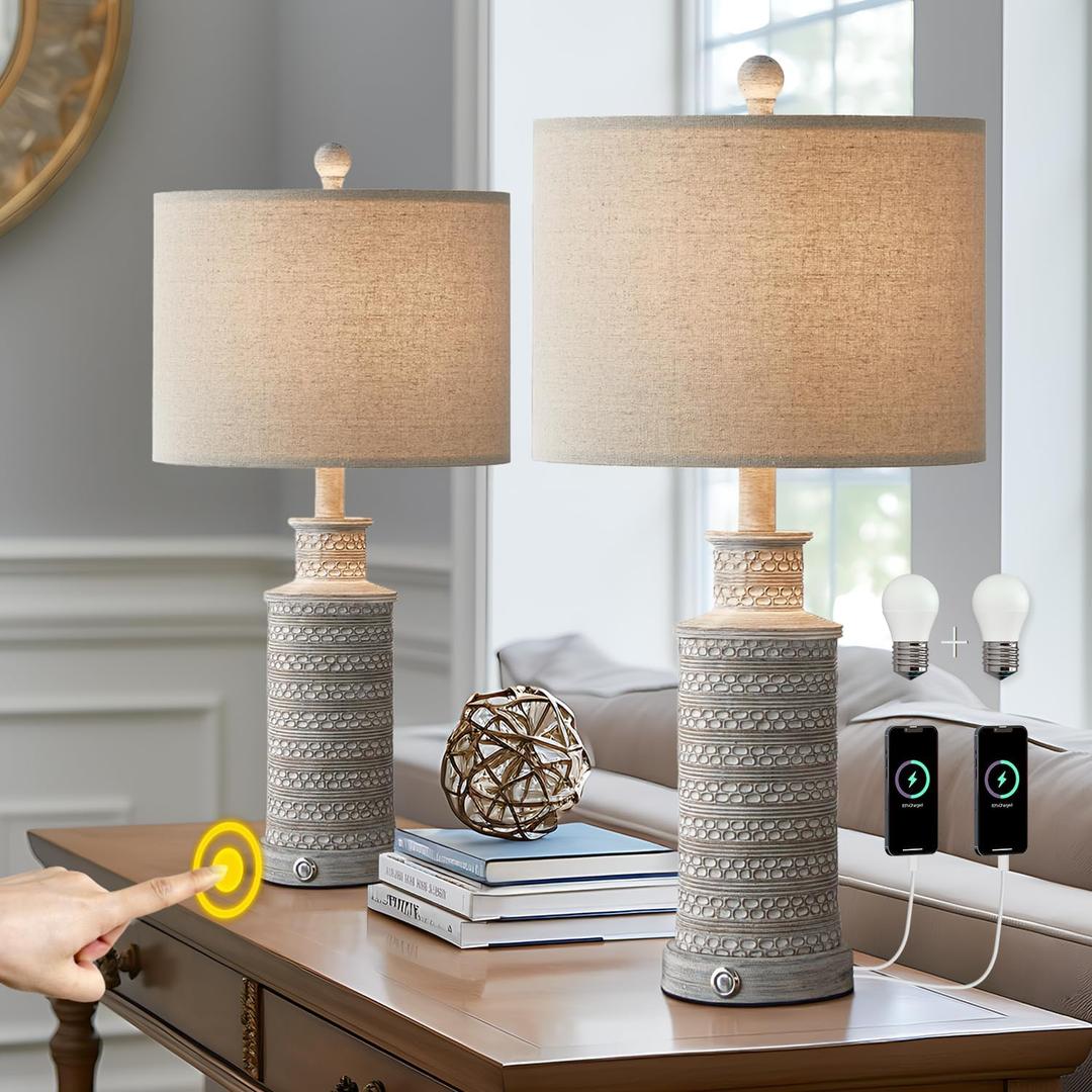 BOBOMOMO 3-Way Dimmable Touch Control Table Lamp Set of 2 with Dual USB Charging Ports for Bedroom Living Room Vintage Rustic Farmhouse Traditional Nightstand Bedside Lamps(Bulbs Included) (2 Pack Touch Switch-Gray)