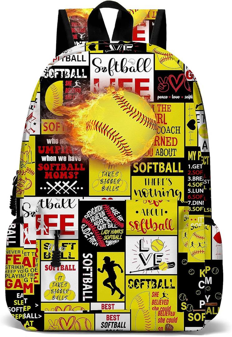 Fire Softball School Backpack for Girls Bookbag, 17 Inch Softball Backpack for School, Kids Softballs Sports Theme Laptop Back Pack for School Travel Hiking Camping