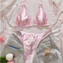 Floerns Women's Cute Satin Thong Bikini Sets Triangle Swimsuit Halter String Bathing Suit (Pink, L)