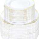 200 PCS White and Gold Plastic Plates for 100 Guests, Gold Disposable Plates Include 100 PCS Dinner Plates, 100 PCS Dessert Plates for Party, Wedding and Graduation
