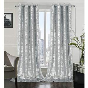 always4u Soft Velvet Curtains 108 Inch Length Long Luxury Bedroom Curtains Silver Foil Print Window Treatments for Living Room Set of 2 Silver