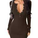 OQQ Long Sleeve Mini Dress Women Ribbed Tummy Control Club Party Dresses 2025 Fall Winter Staple, Size S