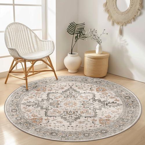GENIMO 5FT Round Area Rugs for Living Room, Circle Rugs Machine Washable Low Pile, Chenille Non Slip Vintage Rug for Bedroom, Dining Room, Home Office, Light Taupe Brown