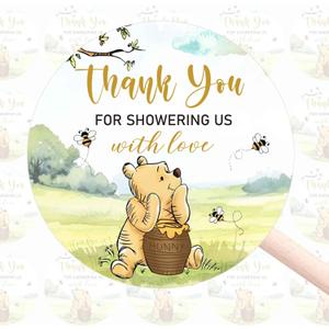 80pcs Thank You for Showering Us with Love Baby Shower Stickers, Winnie Bear Thank You Stickers, Classic Pooh Label Honey Jar Party Goods