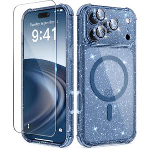 BERFY for iPhone 17 Pro Max Case for Women, Compatible with MagSafe, Clear Glitter Shockproof Protective Case, Anti-Yellowing, with Screen Protector & 3 Diamond Camera Lens Covers 6.9", Sparkle Blue