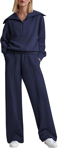 Aleumdr Two Piece Outfit Sweatsuit Wide Leg Sweatpant Lounge Matching Sets Fleece Womens Lounge Set Half Zip Sweatshirt Oversized Pullover Tracksuit 2025 Fall Travel Clothing Blue Large
