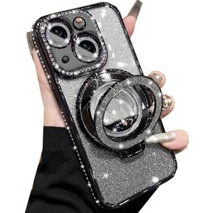 Glitter Kickstand Case for iPhone 15 Plus, Luxury Bling Sparkly Diamond Rhinestone with Camera Protector Liquid Flowing Ring Stand TPU Bumper Women Girls Case for iPhone 15 Plus 6.7" (Black)