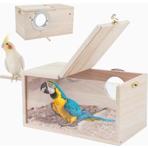 Rypet Parakeet Nesting Box Transparent Design, Thwartwise Bird Nest Breeding Box with Perch Wood Bird Cage House for Cockatiel Lovebirds Budgie Finch Parrotlets Canary XL