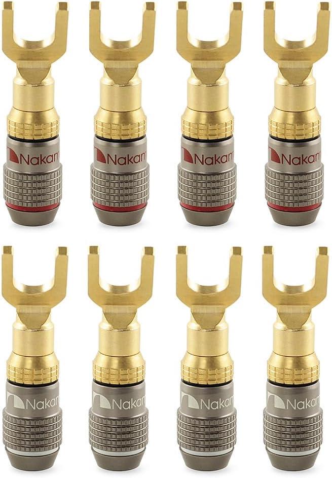 Nakamichi FanLock Excel Series 24k Gold Plated Spade Connector Banana Plug 10 AWG - 18 AWG Gauge Size 4mm for Speakers Amplifier Hi-Fi Home Theatre Wire Cable Quick Connector, 8 Pcs (4-Pairs) Nakamichi FanLock Excel Series 24k Gold Plated Spade Connector Banana Plug 10 AWG - 18 AWG Gauge Size 4mm for Speakers Amplifier Hi-Fi Home Theatre Wire Cable Quick Connector, 8 Pcs (4-Pairs)