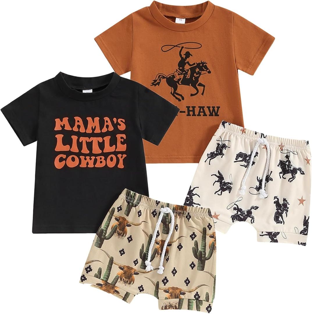 Baby Cowboy Outfits Toddler Western Cow Print Short Sleeves Shirt+Elastic Shorts Baby Boy Casual Summer Clothes Set (3-6 Months, Black+coffee)