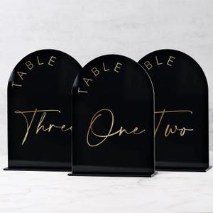 Black Arch Wedding Table Numbers 1-15 with Stands, 5x7 Inch Black Acrylic Sign with Gold Lettering, Arched Acrylic Table Numbers for Wedding Reception, Black Gold Font