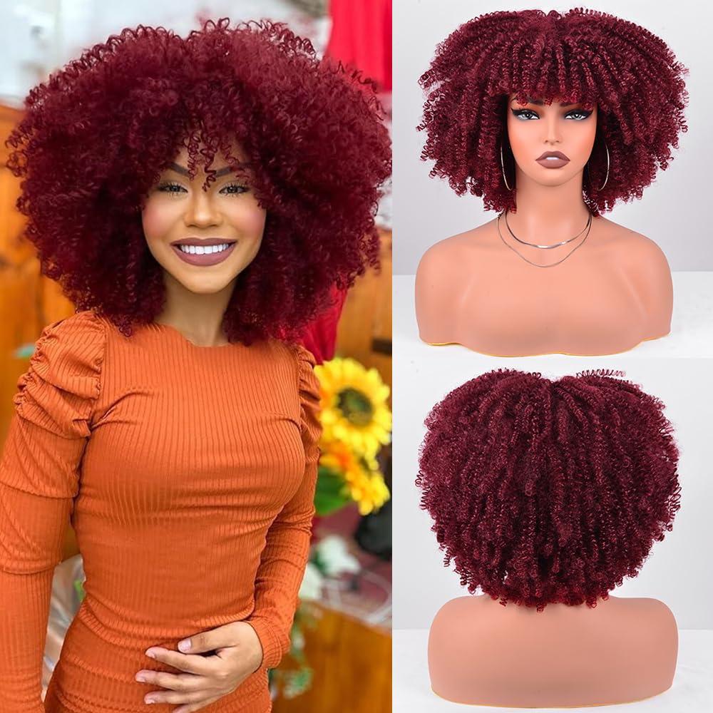Vitorish Short Kinky Curly Wigs for Black Women 12 Inches 280g/Piece Curly Afro Wig with Bangs Bouncy Fluffy Synthetic Wig (Burgundy)
