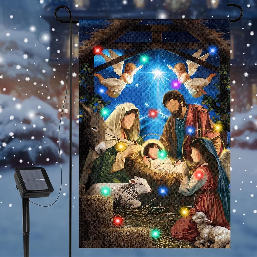 Ganeen Christmas Garden Flag Nativity Garden Decor 12 x 18 Inch Solar LED Lighted Double Sided Yard Flags Nativity Christmas Decorations Outdoor Xmas Religious Holy Night Banner for Outside Lawn Decor (Classical)