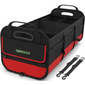 Simniam Large Trunk Organizer for Car, Collapsible Multi Compartment Car Trunk Organizer with 2 Retractable Straps, Suitable for All Kinds of Cars, SUV, Minivan - 4 Compartments Red (Medium)