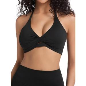 Women's Deep V Twist Front Sports Bra Open Back Wortout Yoga Crop Tops with Adjustable Straps and Removable Pads (Medium, Black)