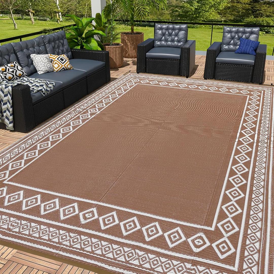 OPPODREAM Outdoor Rug 9x12 Patio Waterproof, Large Outdoor Plastic Straw Rug, Reversible Out Door Carpet for Camping, Deck, Rv, 9 x 12 Area Carpet for Balcony, Porch, Backyard, White & Brown