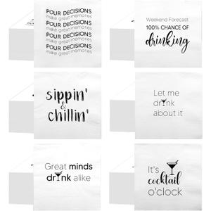 MotiMind 96 Pcs Funny Cocktail Napkins 5'' x 5'' Funny Napkins 2 Ply Funny Cocktail Napkins for Adult,6 Different Quotes Bar Napkins for Wedding Birthday Anniversary Holiday Party(Black Font)