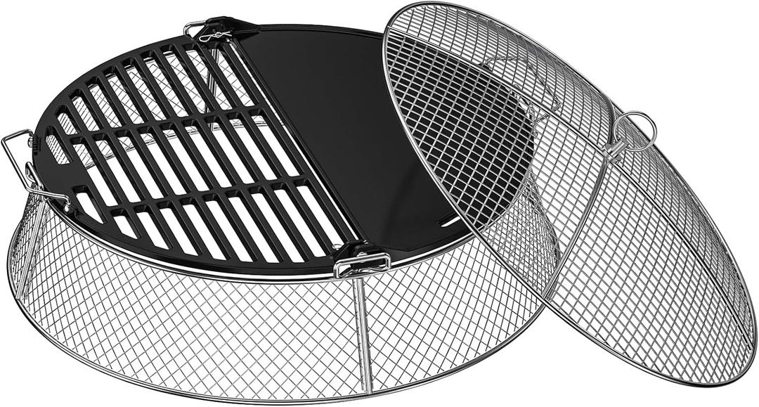 onlyfire Stainless Steel Mesh Cover & Cast Iron Grill Griddle Combo for Solo Stove 19.5 inch Fire Pit - Dual Cooking Surface with Handles for Ember Protection and Outdoor BBQ