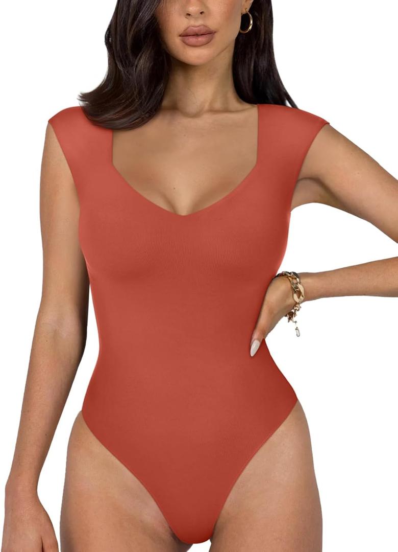 REORIA Butsmooth Women's Trendy Sexy Casual V Neck Double Lined Sleeveless Slimming Going Out Tank Top Bodysuits (Medium)