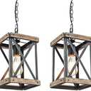 wochos Farmhouse Pendant Light, Adjustable Metal and Wood Chandelier Light Fixture, Rustic Pendant Lighting for Kitchen Island, Bedroom, Dining Room and Entryway (Brown), 2 Pack