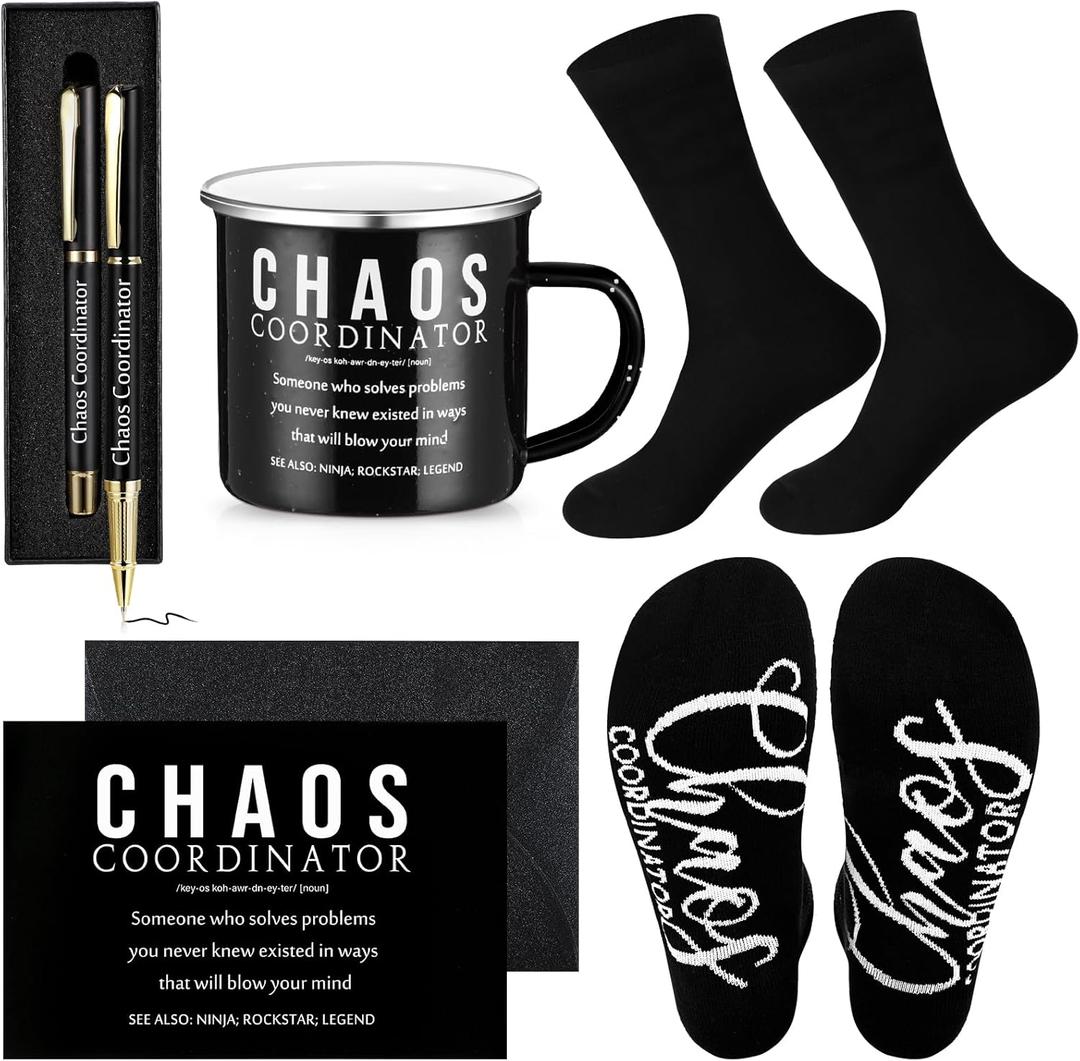 ReliThick 6 Pcs Funny Chaos Coordinator Gifts for Man Included 12 oz Enamel Mug Socks Ballpoint Pen with Pen Box Greeting Card Envelope for Office Boss Manager Employee Nurse Assistant Teacher(Black)