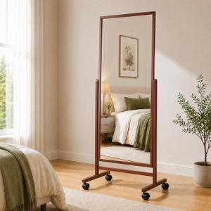 Full Length Mirror with Wheels, 65"x22" Freestanding Floor Mirror with Stand, Rolling Standing Dressing Mirror for Bedroom, Tall Tilting Mirror on Casters,Brown Wood Frame