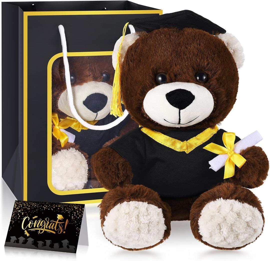 Bear with Graduation Cap Toys Class of 2025 Plush Stuffed Teddy Bear Animal Dog Cap and Gown with Greeting Card and Bag for Graduation Day Gift(Black A)