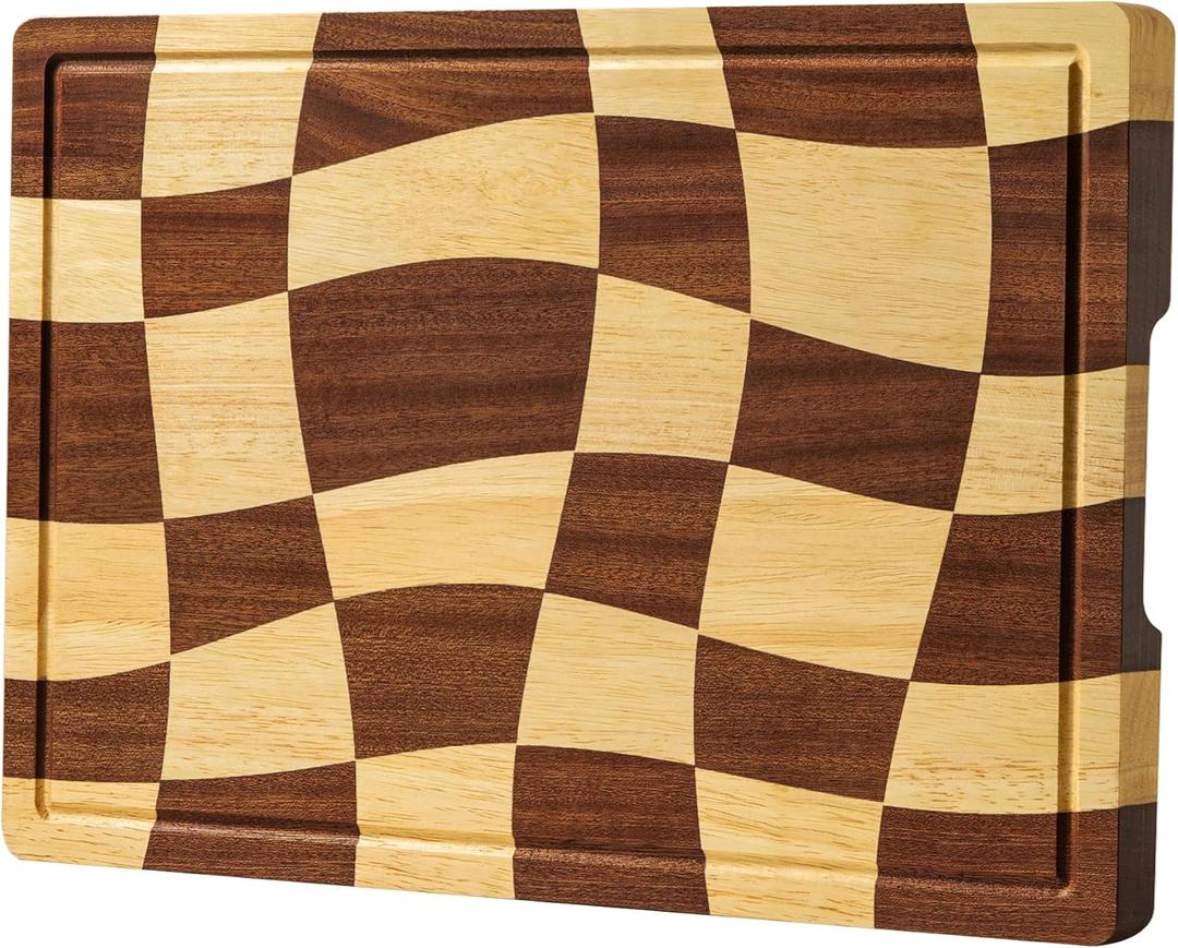 THETCHRY Cutting Boards for Kitchen, Checkered Cutting Board with Juice Grooves, End Grain Cutting Board for Meat and Vegetables, Large Butcher Block Serving Tray with Gift Box, 16.5" x 11.6" x 0.8"