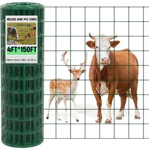 Gisafai 16 Gauge Galvanized Welded Wire Fence 4 ft x 150 ft PVC Coated Hardware Cloth, 2.36" x 2.36" Mesh, Heavy Duty Garden Fencing Roll for Yard Chicken Dog, Deer Cattle & Animal Protection(Green)